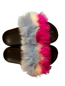 Fur Slides - Blue, Pink & White Fur Slides - Blue, Pink & White