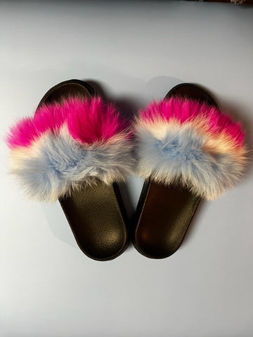 Fur Slides - Blue, Pink & White Fur Slides - Blue, Pink & White