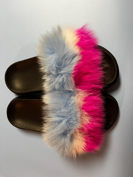 Fur Slides - Blue, Pink & White