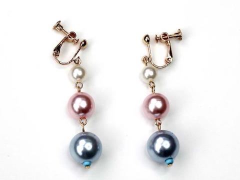 Pink, Blue & White Pearl Clip On Earrings