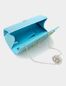Turquoise with Embroidered Flowers Clutch